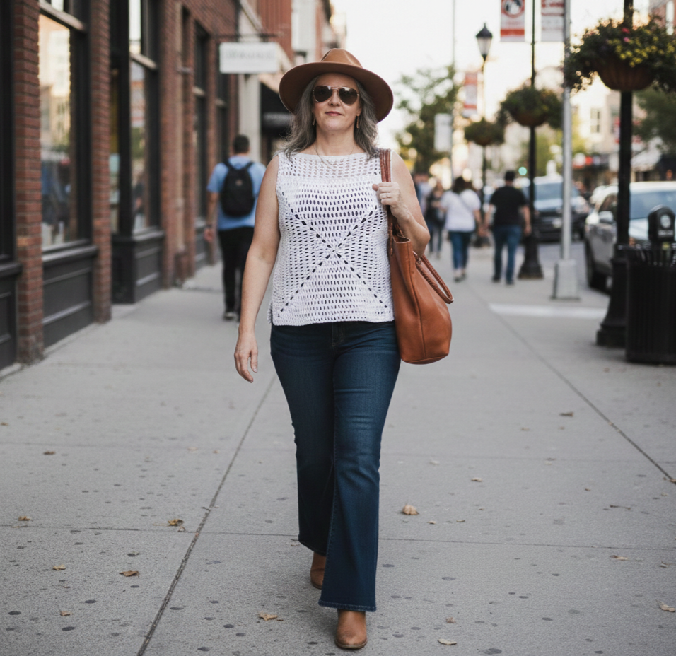 A woman walking down a busy city sidewalk wearing a white crochet granny square tank top, made from one continuous square radiating from the center, styled in a boho look with airy mesh detailing at the shoulders.