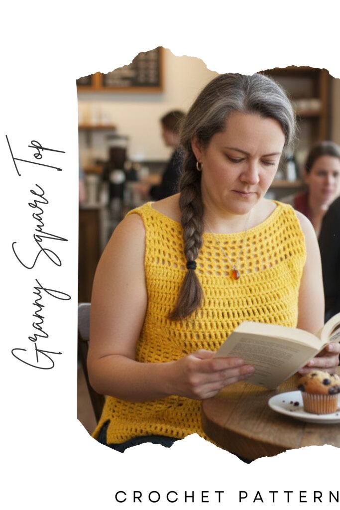 Pinterest pin for a woman in a yellow crochet granny square tank top sitting in a coffee shop reading.