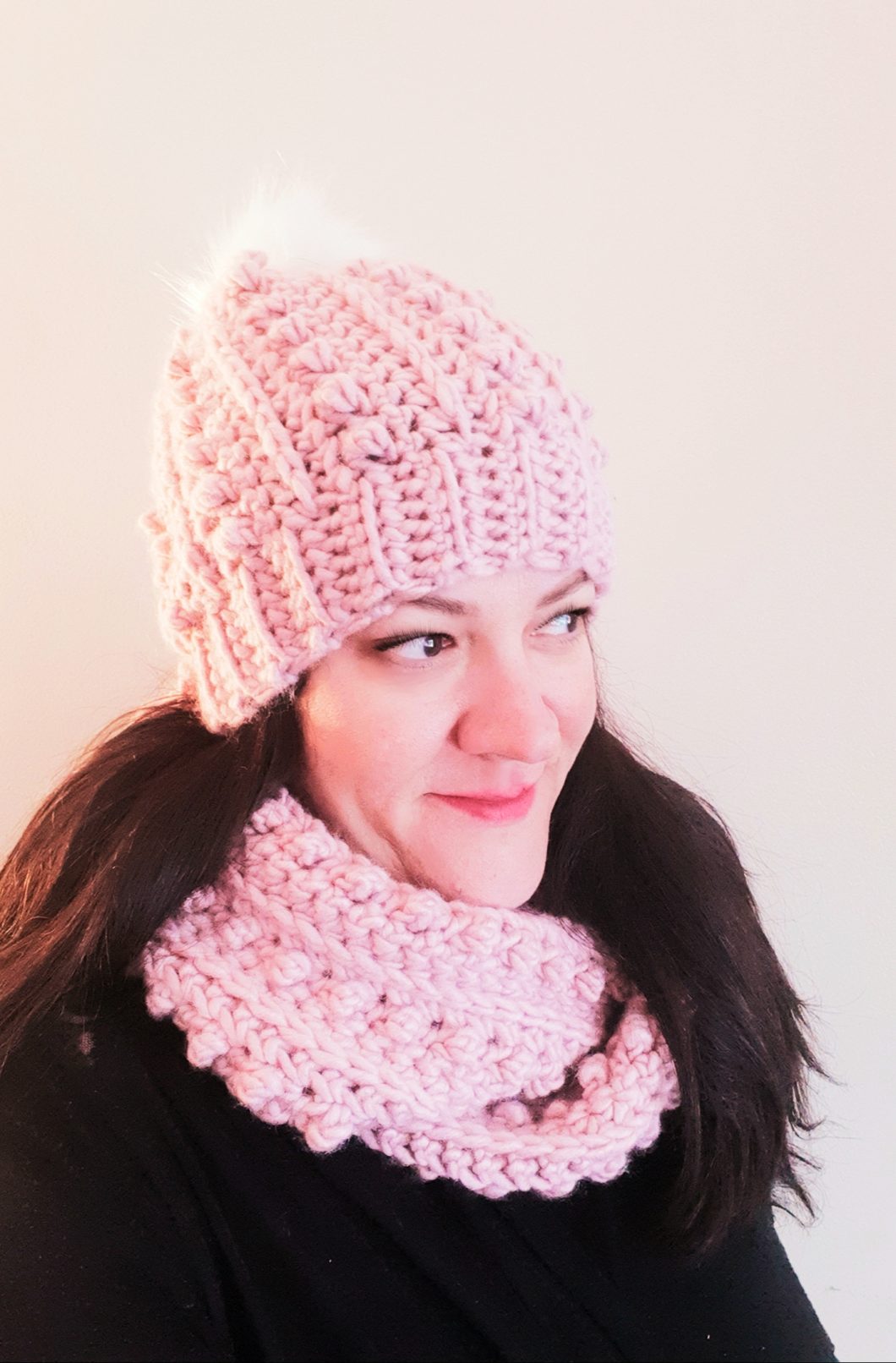 Crocheted Winter Hat with Pom Pom and Single Wrap Infinity Scarf Set