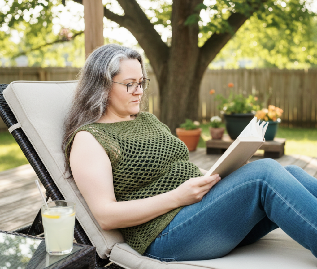 An olive green crochet mesh sleeveless top on a woman in a lounge chair on a deck reading a book.