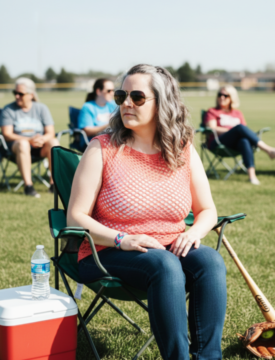 A crochet mesh top from the provided pattern. It is coral in color and on a woman with sunglasses and a camping chair at a baseball game.
