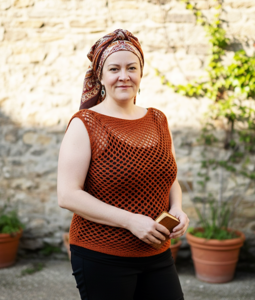 A rich burnt orange crochet mesh top on a woman by a stone wall wearing a matching head scarf.