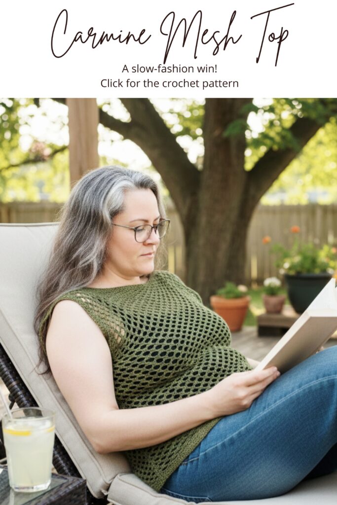 A Pinterest Pin for a crochet mesh tank top pattern called the Carmine.  The pin says the name of the top and then "A slow fashion win! Click for crochet pattern"