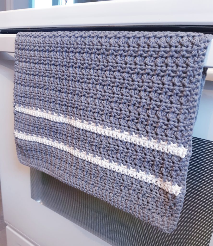 crochet kitchen towel on the stove