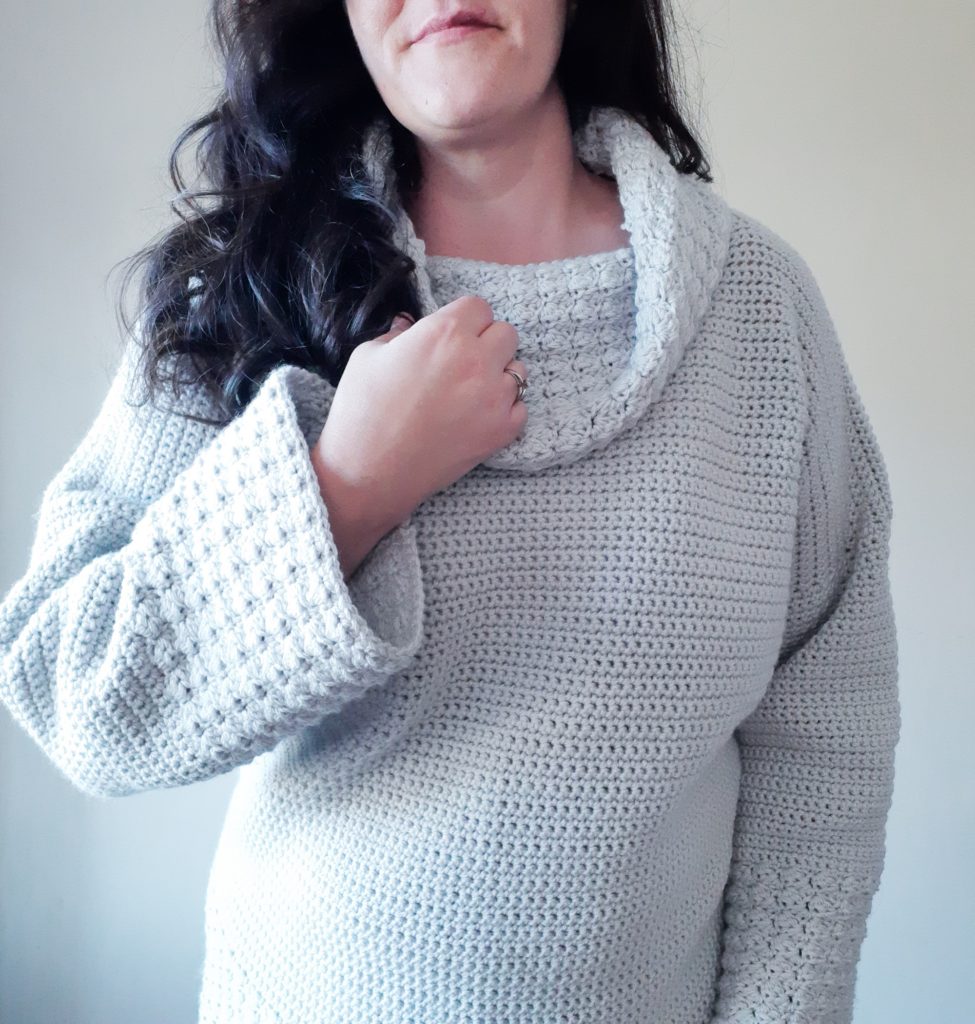 crochet pullover sweater with textured cowl turtleneck