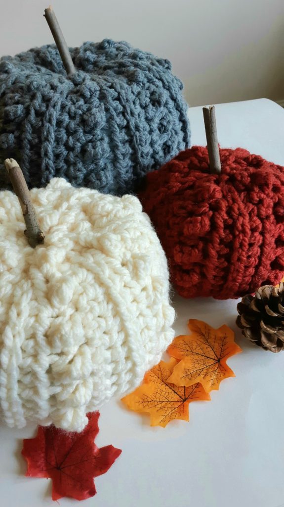 trio of chunky crochet pumpkin