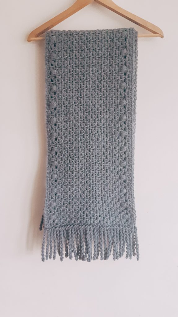super scarf with puff stitch border and twisted fringe