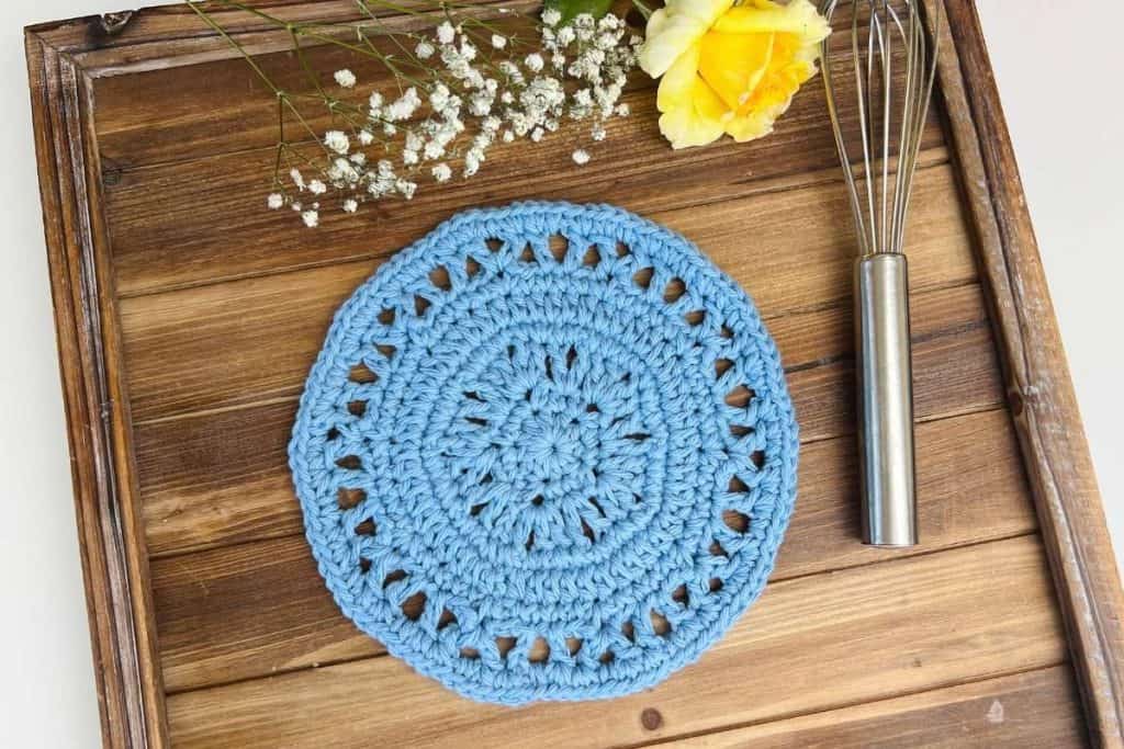 blue skies round crochet dishcloth