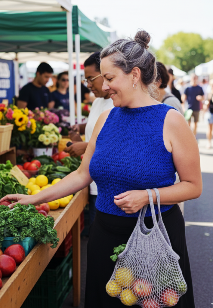 A woman in a sleeveless royal blue crochet top made from the pattern provided.  She is shopping at a farmers market examining produce.
