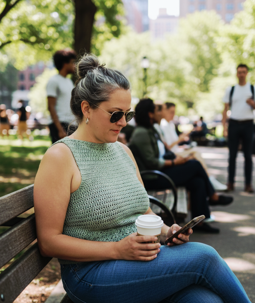 A woman sitting on a bench in a busy park with her coffee and wearing a sage green version of the sleeveless crochet tank top pattern provided in the blog.