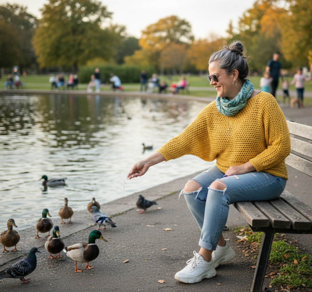 A woman in a handmade crochet batwing sweater in mustard yellow feeding ducks by a pond on a slightly overcast day.