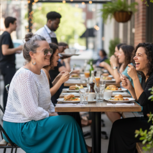 A woman in a white crochet batwing sweater and a teal dress below having lunch on an outdoor patio with a friend.