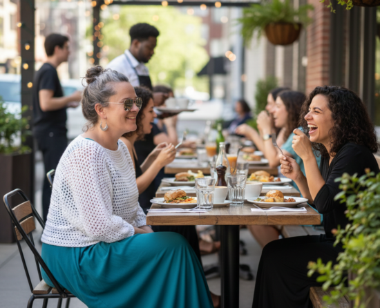 A woman in a white crochet batwing sweater and a teal dress below having lunch on an outdoor patio with a friend.