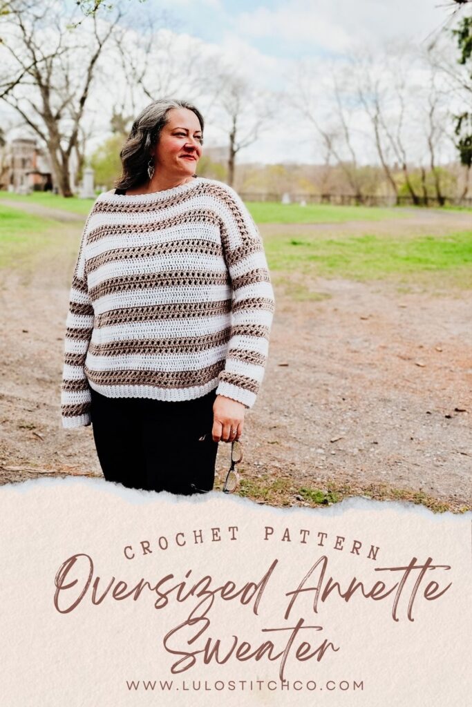 Pinterest Pin for oversized striped crochet sweater that is an easy pullover to make